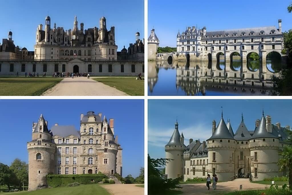 Коллаж из четырех фотографий с французскими замками.