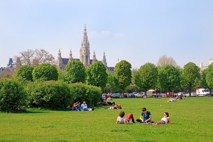 Люди отдыхают и наслаждаются хорошей погодой, на лужайке в городском парке Вены.