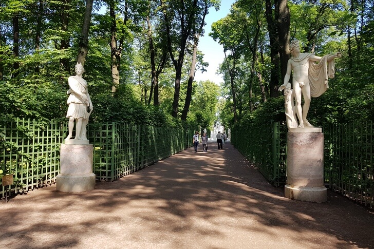 Центральная аллея Летнего сада. Слева — статуя Дианы, справа — Аполлон Бельведерский.